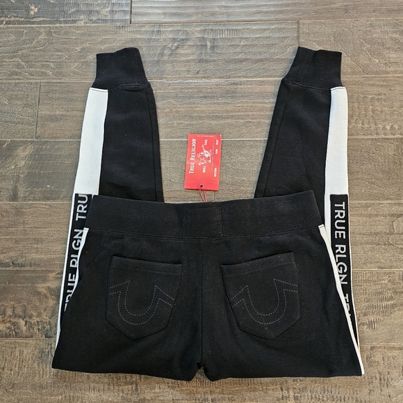 New True Religion Women's Black Joggers with White Stripes Sz Medium - Picture 2 of 7